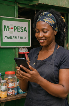 Local shop owner paying with M-Pesa on her phone