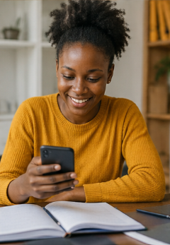 Client checking her account on her phone
